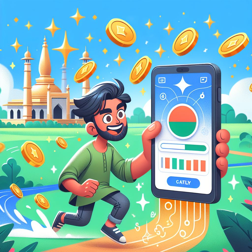 BGD2222 app themed cartoon character holding a smartphone with game icons and coins
