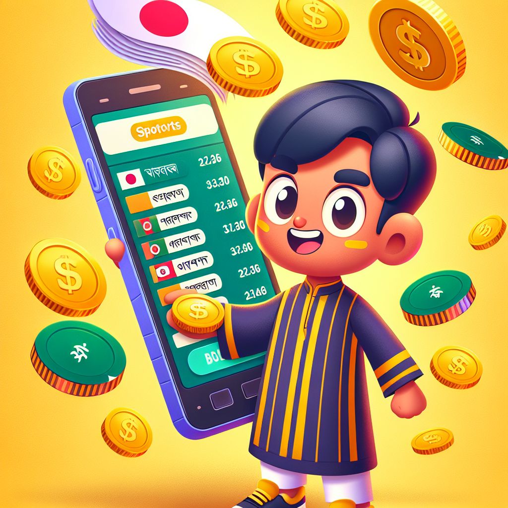 BGD2222 themed cartoon characters reviewing sports odds and placing bets on a phone