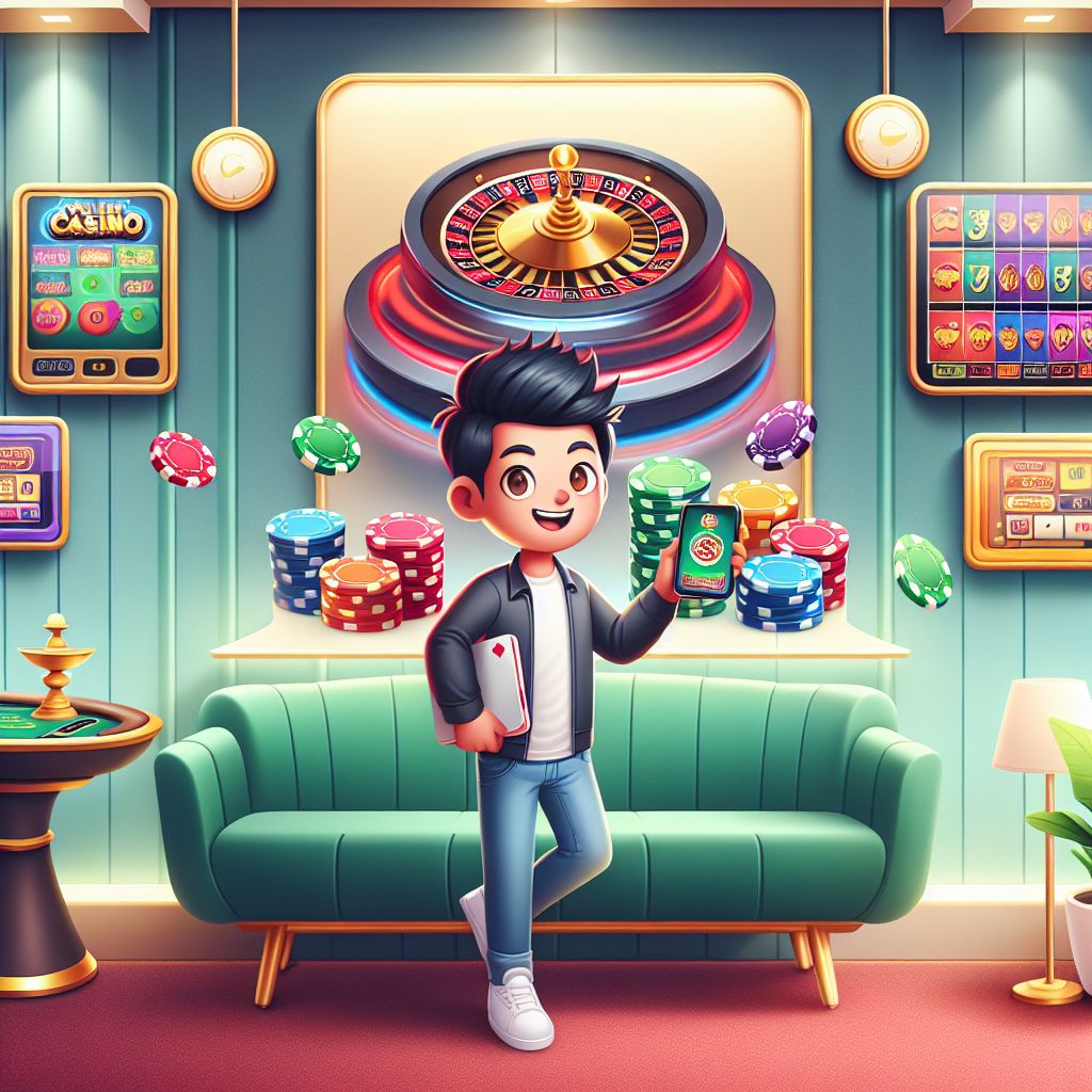 BGD2222 casino cartoon character with chips, cards, and slot reels in a bright Bangladesh-themed gaming scene