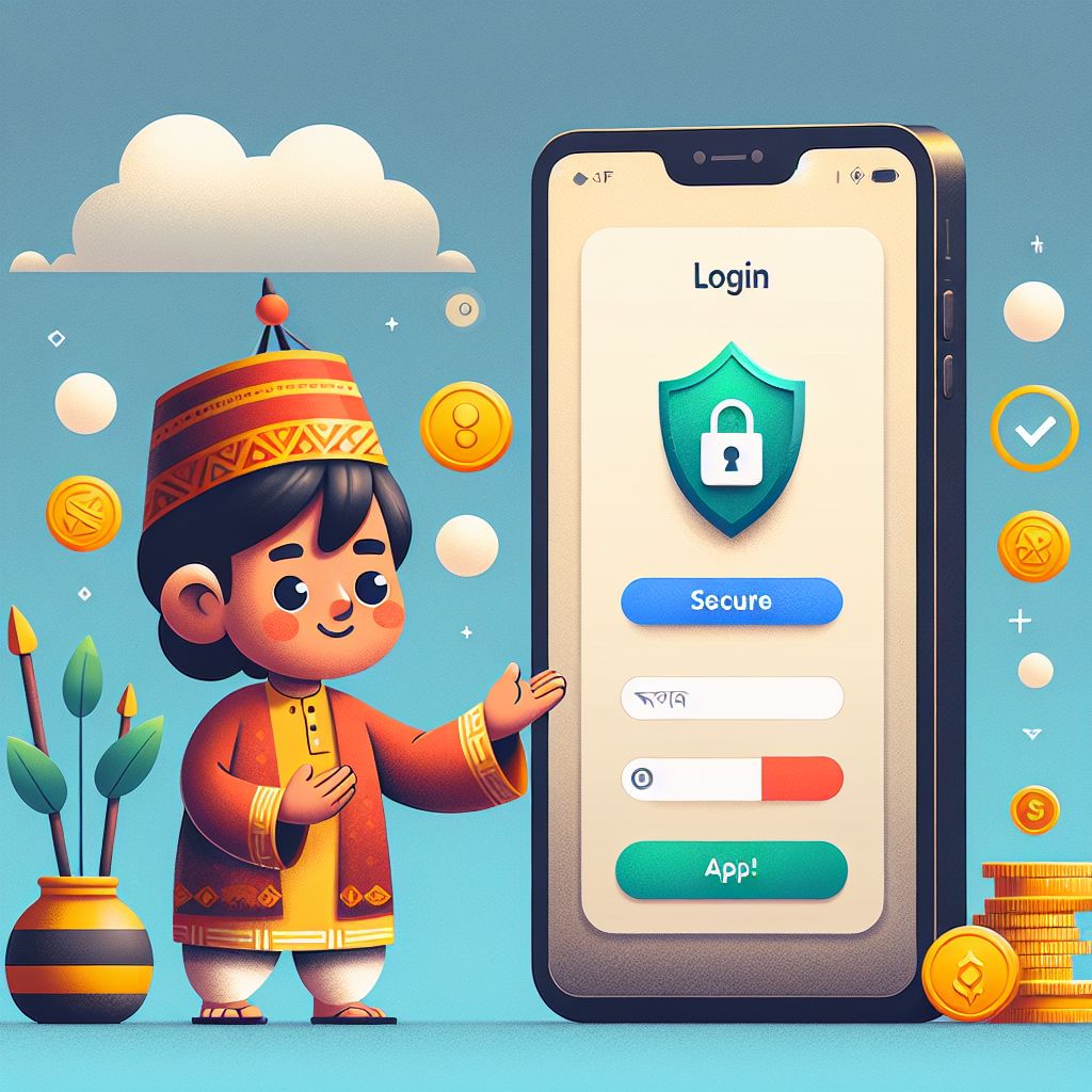 Cartoon character holding a phone with a secure login screen and BGD2222 style rewards