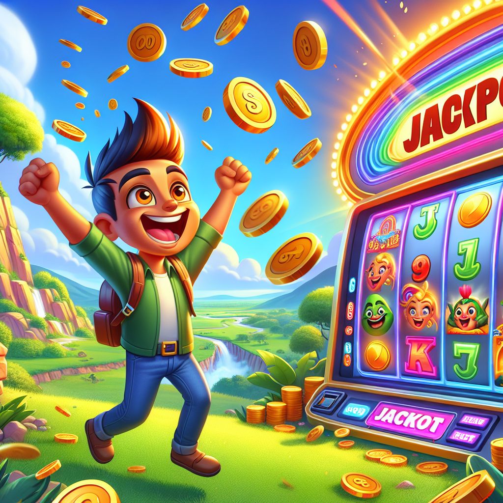 BGD2222 slots themed cartoon character spinning reels with coins and jackpot lights